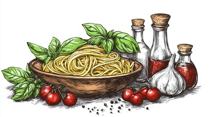A hand-drawn sketch of Italian pasta garnished with fresh tomatoes and basil. The illustration captures the essence of this classic dish, emphasizing the vibrant colors 