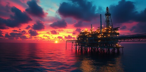 Offshore oil rig platform illuminated at sunset.