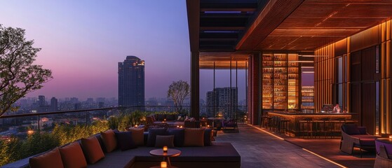 Luxury hotel rooftop bar with city skyline views and a welcoming host serving drinks