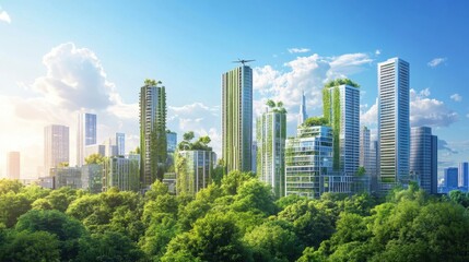A sustainable cityscape with green buildings powered by renewable energy under a clear blue sky