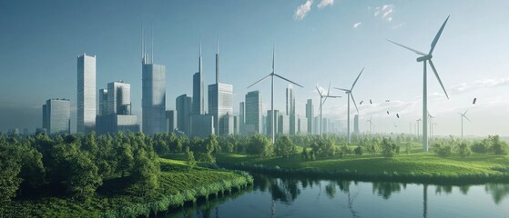Fototapeta premium A futuristic eco-friendly city powered by wind turbines and solar farms with green parks
