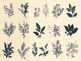 A detailed illustration of various herbs and plants in monochrome style.