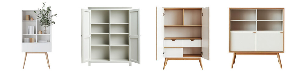 Fototapeta premium Collection of modern minimalist wooden furniture pieces including shelving units cabinets and dressers arranged in a tidy organized room interior design