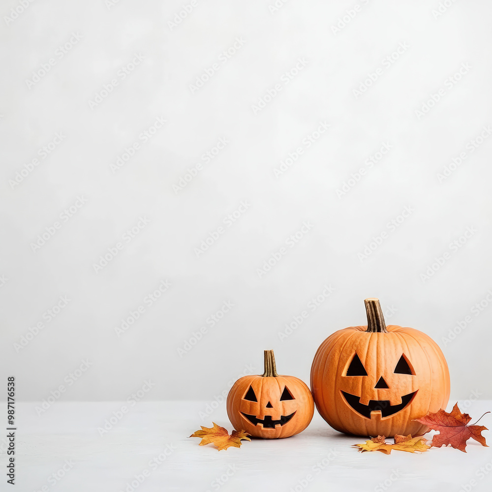 Wall mural Halloween pumpkins with autumn leaves create festive atmosphere