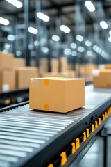 A conveyor belt in a busy warehouse, transporting packages efficiently to various sorting areas