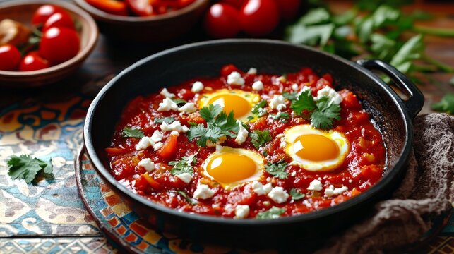 Shakshuka con tres huevos cocidos en salsa de tomate, decorada con queso feta y cilantro fresco, servida en una sart&eacute;n negra.