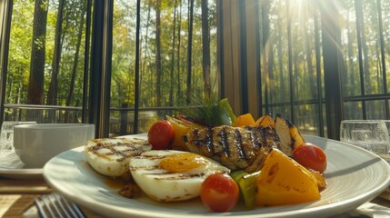 Un plato con huevos a la plancha, vegetales a la parrilla y tomates cherry, servido al aire libre junto a una ventana con vista al bosque.