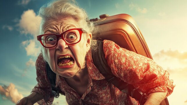 A grumpy grandma is leaving on a trip, looking upset and yelling. She's carrying her luggage and seems to be having a bad day.