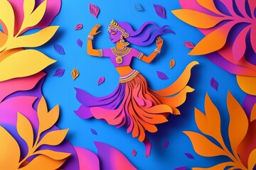 Naklejka premium abstract background made from paper cut. Copy space over paper., paper layer shape form is a lot of Indian girls wear Indian suit are dancing in Diwali festival. India style