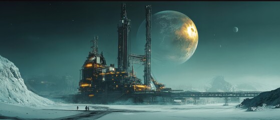 A colossal mining facility on a distant planet extracting resources from the surface