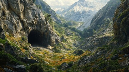 A scenic mountain valley with a hidden entrance to an old forgotten mine