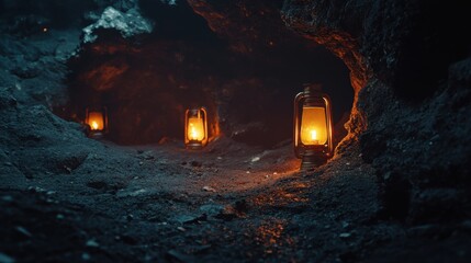 A dark abandoned mine with flickering lanterns and a mysterious aura