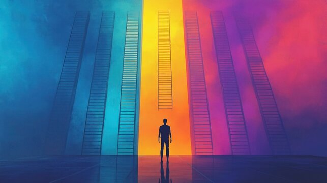 A person standing in front of multiple ladders leading to different places, not being able to reach one, symbolizing the different socioeconomic hierarchies.