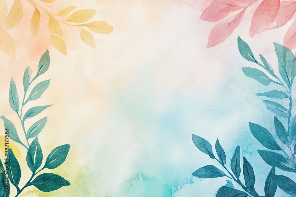 Poster Colorful watercolor leaves border with soft pastel background.