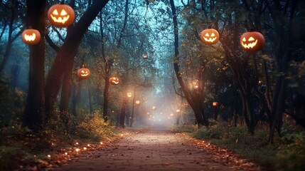 Haunted forest path lined with floating jack-o-lanterns glowing fog