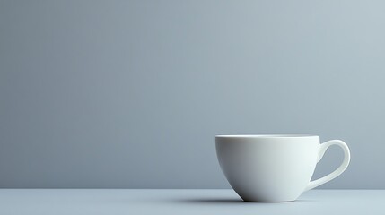 Fototapeta premium A white cup on a table in front of a gray wall.