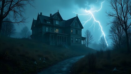 The haunted mansion stands tall amid a storm, with lightning striking and shadows 