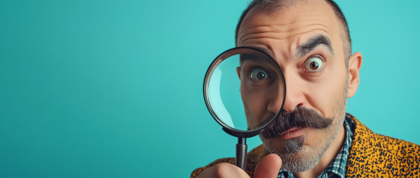 Funny looking man with moustache looking through magnifying glass loupe, closeup studio portrait, copy space on side. Generative AI