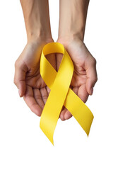 Hands gently cradling a yellow ribbon, representing support for soldiers, suicide prevention, and bone cancer awareness
