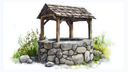watercolor painting of one single stone water well isolated on white background