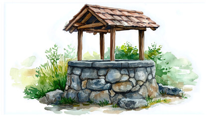 watercolor painting of one single stone water well isolated on white background