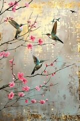 birds on a branch painting in chinoiseries style	