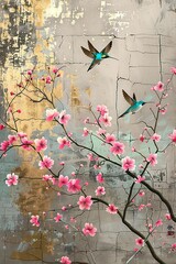 birds on a branch painting in chinoiseries style	