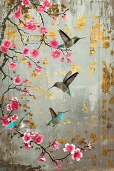 birds on a branch painting in chinoiseries style	
