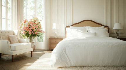 Serene Sunlit Bedroom with Soft Morning Light