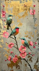 birds on a branch painting in chinoiseries style	