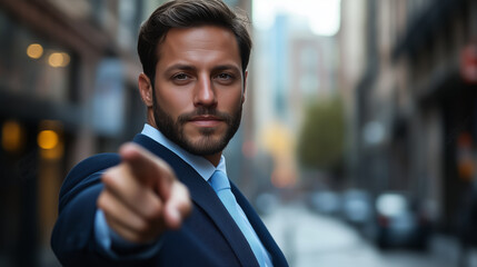 Obraz premium Serious Businessman Pointing Directly at Camera with Focused Expression