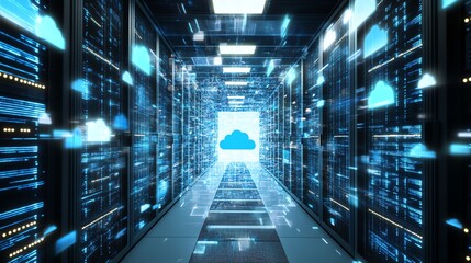 Obraz premium Server room with blue lights and cloud icon.