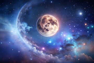 Obraz premium Full moon in starry sky with cosmic clouds and nebula
