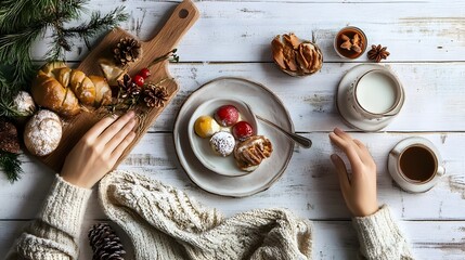 Overhead view of a table with a warm wintery breakfast spread