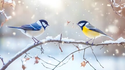 Two birds perch on a snowy branch in a winter wonderland.