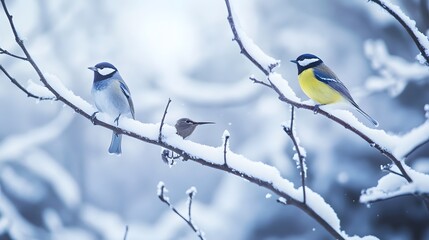 Three birds perched on snow-covered branches in a wintery scene.