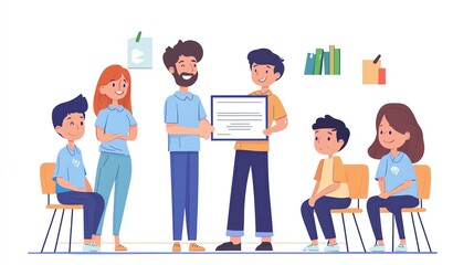 A cartoon image of a teacher handing a certificate to a student.