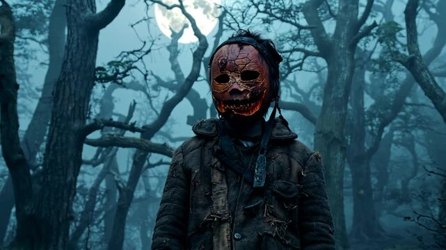 Young Boy Dressed in Ragged Jacket Wearing Scary Halloween Mask, Creepy Spooky Costume, Horror Theme, Scary Atmosphere, Horizontal Frame	