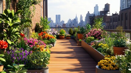 Obraz premium A lush rooftop garden with a wooden walkway overlooking a city skyline.