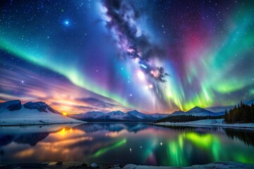 Aurora borealis over lake with milky way in sky