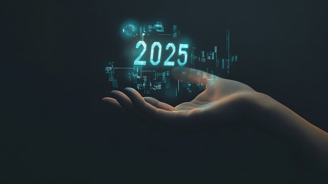 A hand hovers over the year 2025, illuminated in blue against a dark background.