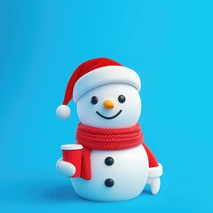 Fototapeta premium 3D cartoon snowman wearing Santa Claus hat and knitted scarf drinking vegan or regular coffee to go