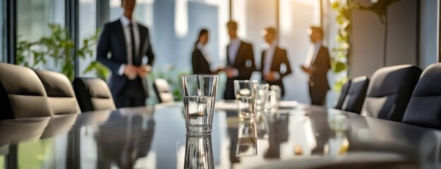 Glass of water on a reflective conference table with people in business attire in the background.