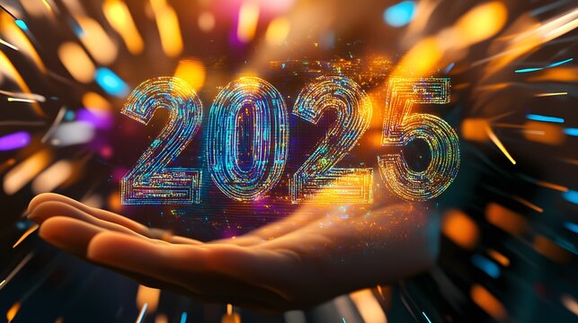 A hand holding the year 2025 in a futuristic, digital style. - Powered by Adobe