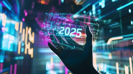 A hand holds a glowing hologram displaying the year 2025, futuristic concept.