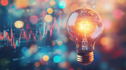 A glowing lightbulb with vibrant, colorful splashes of light and graph stock market lines radiating outward, symbolizing creativity and innovation against a blurred, multicolored bokeh background