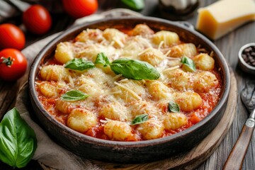 Dish of typical italian potato gnocchi with tomato sauce and cheese, ai