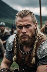 An attractive Viking man posed outdoors with long hair and braids, showcasing strength and determination in a rugged landscape.