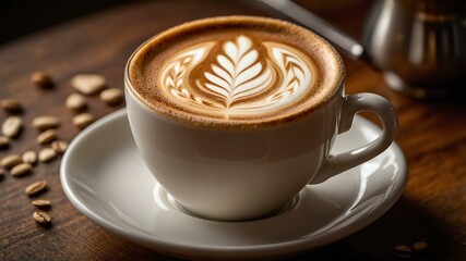 intricate latte art key design on a creamy cappuccino, ad concept or background