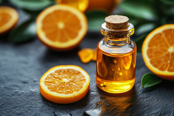 vibrant bottle of orange oil sits on dark surface, surrounded by fresh orange slices. warm tones of oil and fruit create refreshing and inviting atmosphere, perfect for wellness and beauty themes